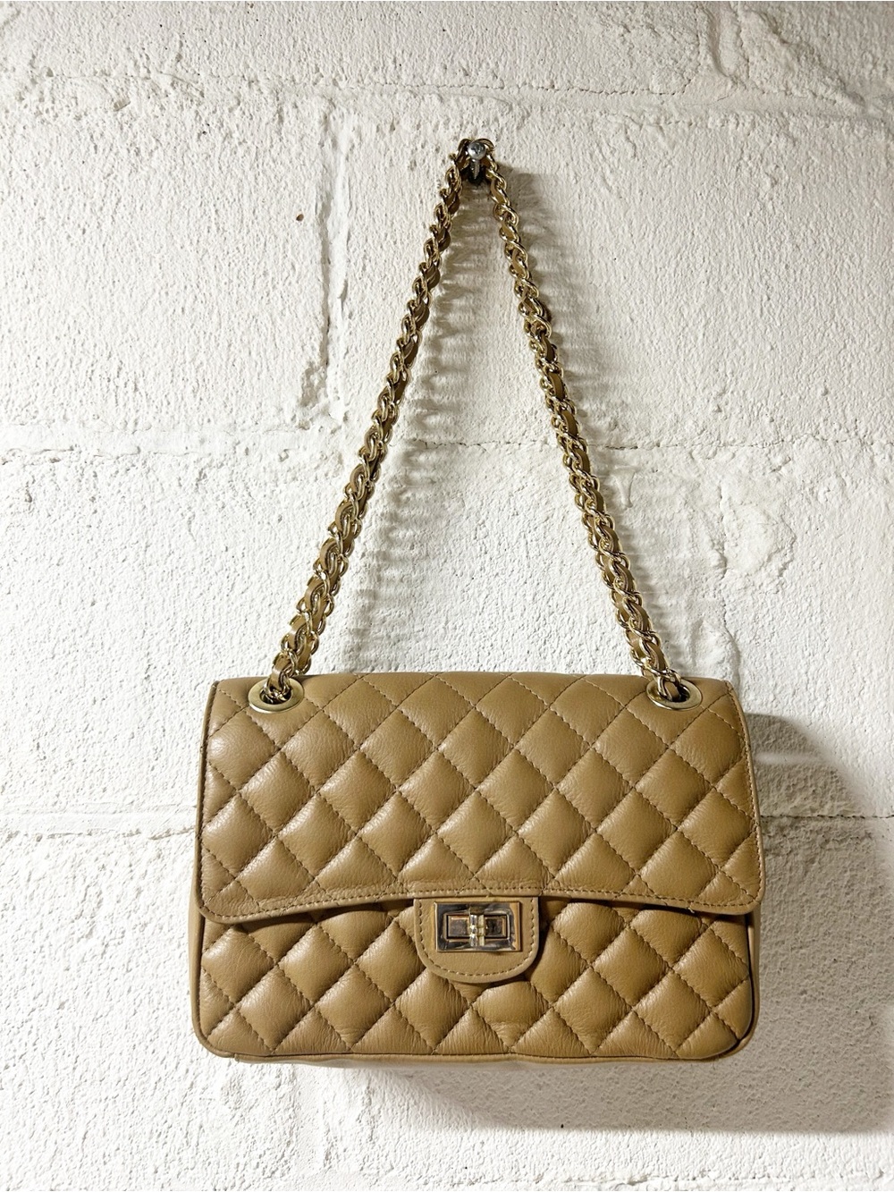 Borse in Pelle Italian Quilted Tan Leather Shoulder Bag/Crossbody w/Chain Strap